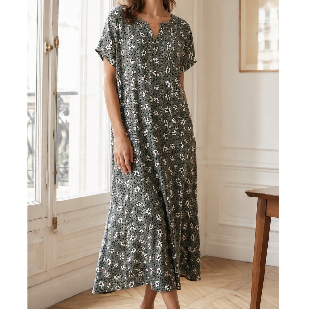FLAX Green Floral Midi Dress Short Sleeve V Neck Size Small